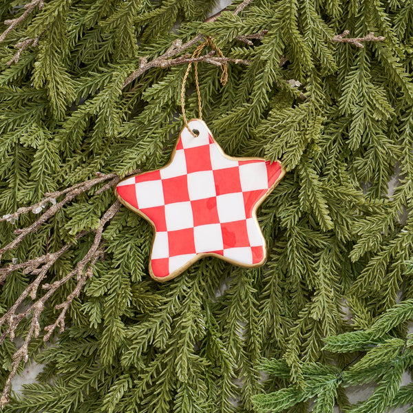 Checked Star Ornament - Red