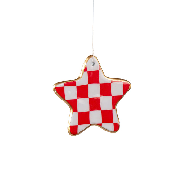Checked Star Ornament - Red