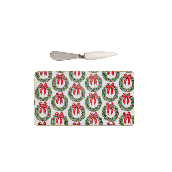 Holly Wreath Bow Amelia Cutting Board Set