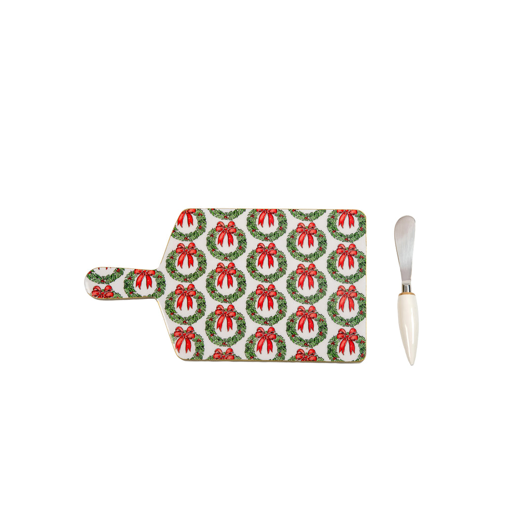 Holly Wreath Bow Enameled Rectangular Charcuterie Board 6x10