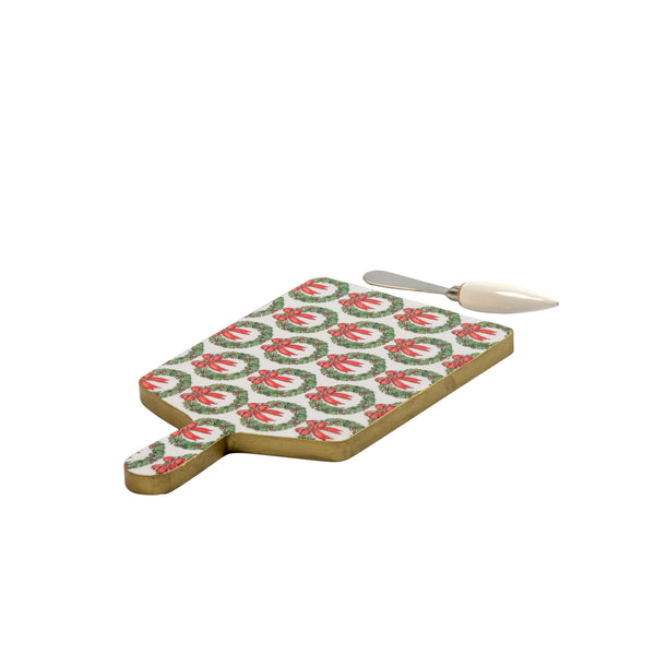Holly Wreath Bow Enameled Rectangular Charcuterie Board 6x10