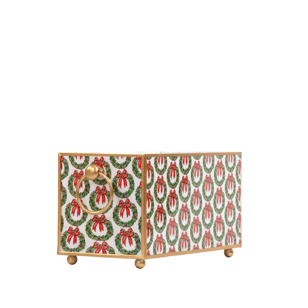 Holly Wreath Bow Enameled Rectangular Cachepot Planter 6x12