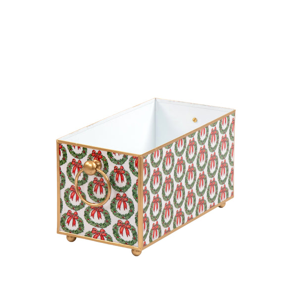 Holly Wreath Bow Enameled Rectangular Cachepot Planter 6x12