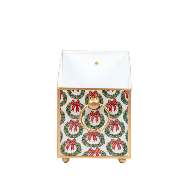 Holly Wreath Bow Enameled Rectangular Cachepot Planter 6x12