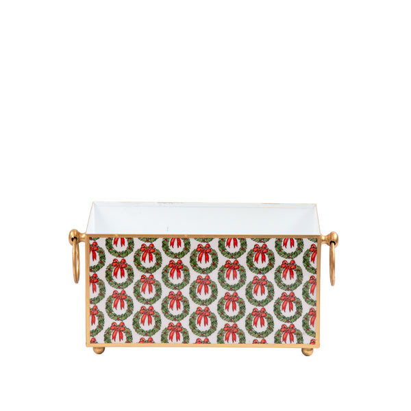 Holly Wreath Bow Enameled Rectangular Cachepot Planter 6x12