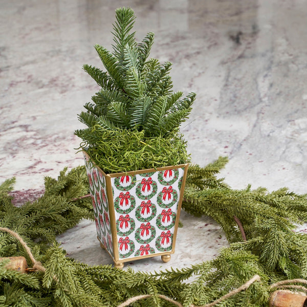 Holly Wreath Bow Enameled Square Cachepot Planter