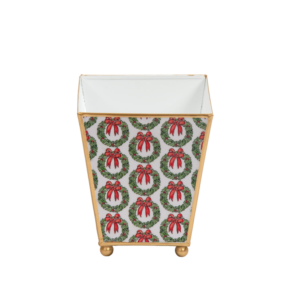 Holly Wreath Bow Enameled Square Cachepot Planter