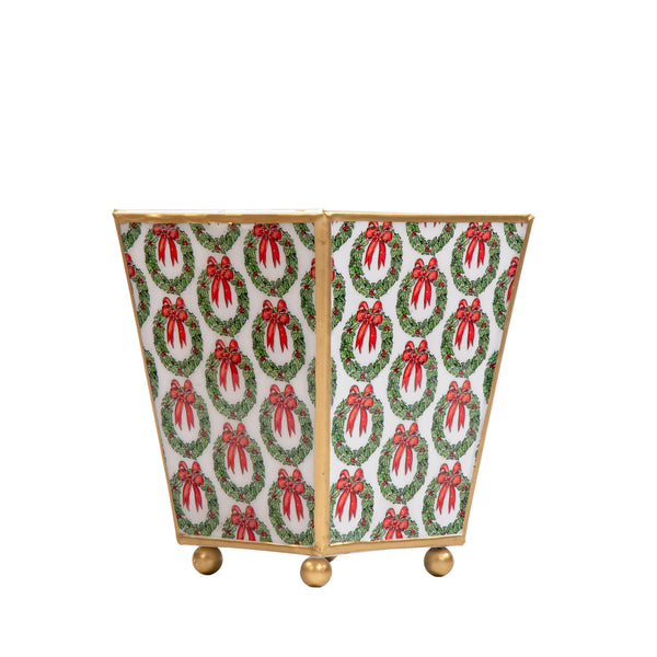 Holly Wreath Bow Enameled Square Cachepot Planter