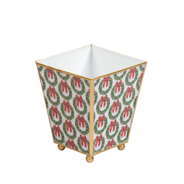 Holly Wreath Bow Enameled Square Cachepot Planter
