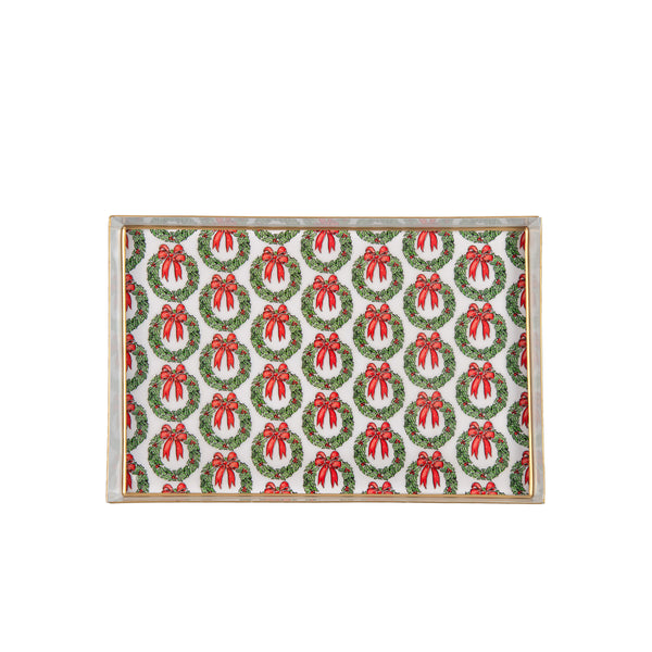 Holly Wreath Bow Enameled Oliver Tray 8x12