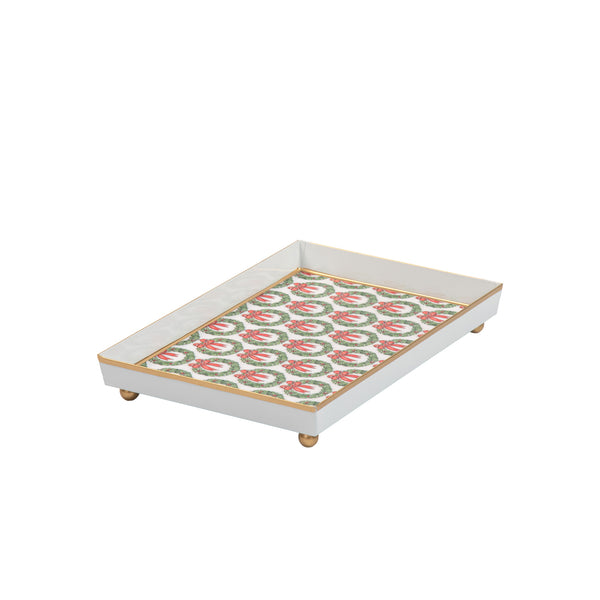 Holly Wreath Bow Enameled Oliver Tray 8x12