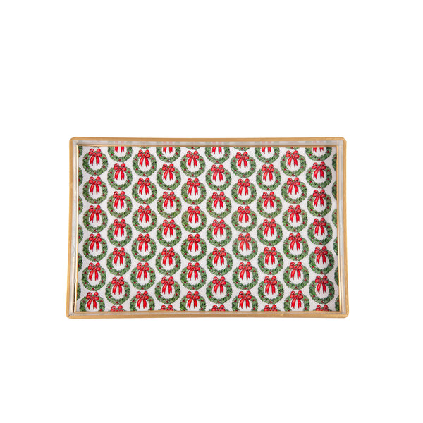 Holly Wreath Bow Enameled Rectangular Tray 10x15