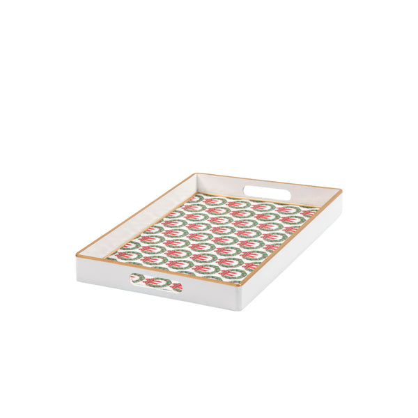 Holly Wreath Bow Enameled Rectangular Tray 10x15