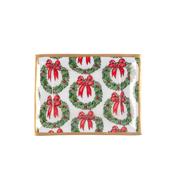 Holly Wreath Bow Enameled Landry Tray