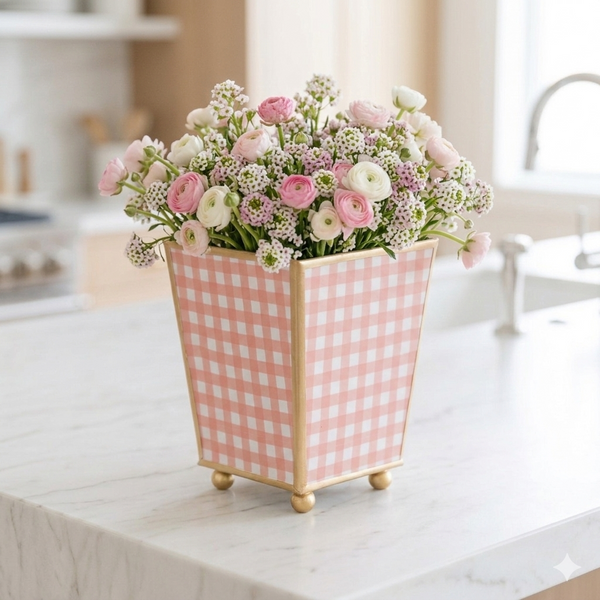 Gingham Enameled Square Cachepot Planter - Coral