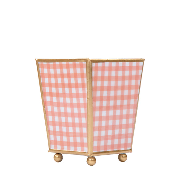 Gingham Enameled Square Cachepot Planter - Coral