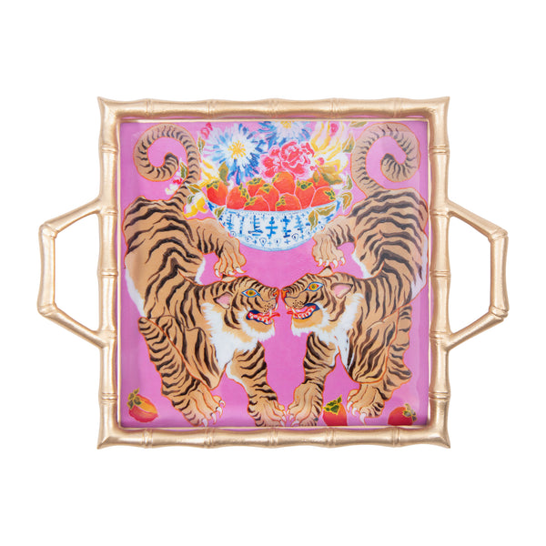 Tigers Enameled Chang Mai Tray 12x12