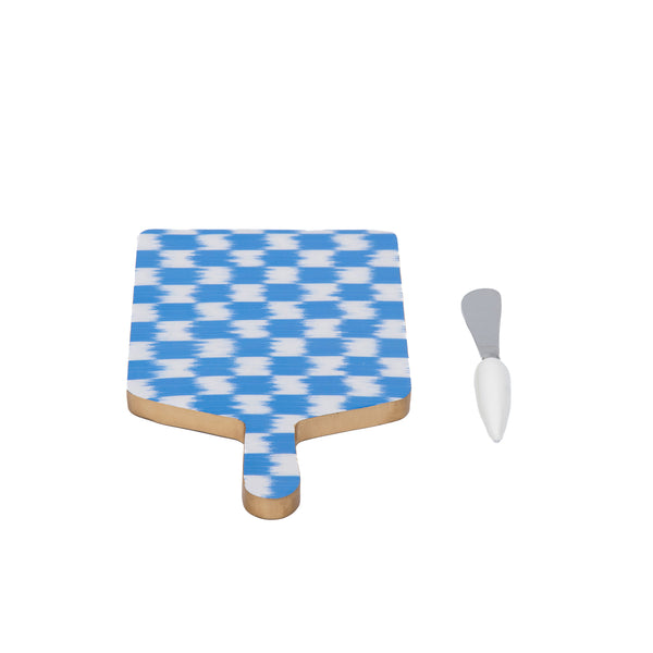 Checkered Ikat Enameled Rectangular Charcuterie Board 6x10 - Light Blue