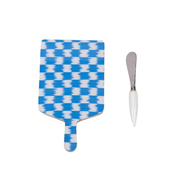 Checkered Ikat Enameled Rectangular Charcuterie Board 6x10 - Light Blue