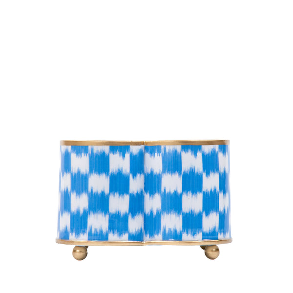 Checkered Ikat Enameled Quatrefoil Cachepot Planter 4x9 - Light Blue