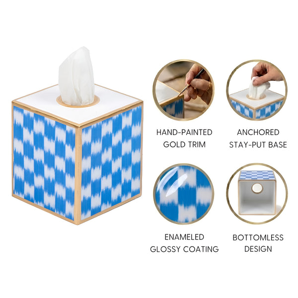 Checkered Ikat Enameled Tissue Box Cover - Light Blue