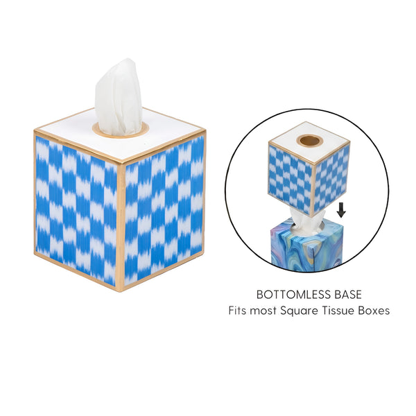 Checkered Ikat Enameled Tissue Box Cover - Light Blue