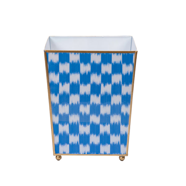 Checkered Ikat Enameled Square Wastebasket - Light Blue