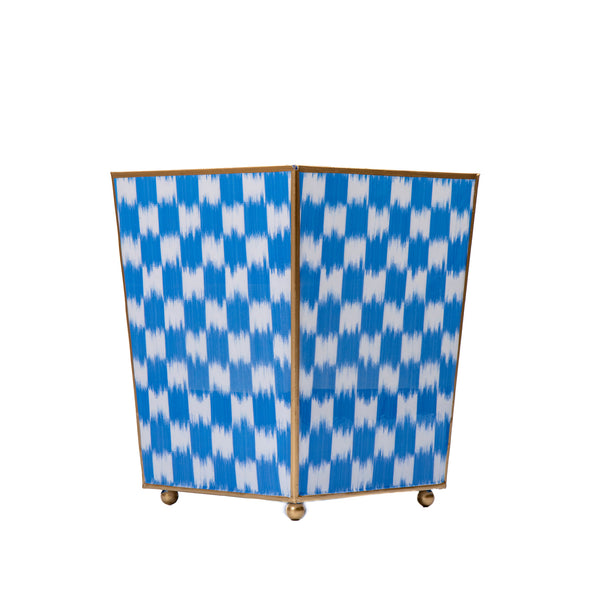 Checkered Ikat Enameled Square Wastebasket - Light Blue