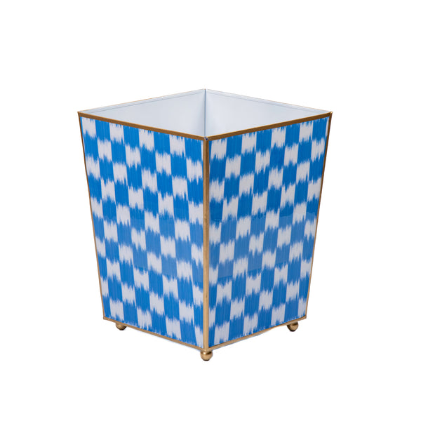 Checkered Ikat Enameled Square Wastebasket - Light Blue