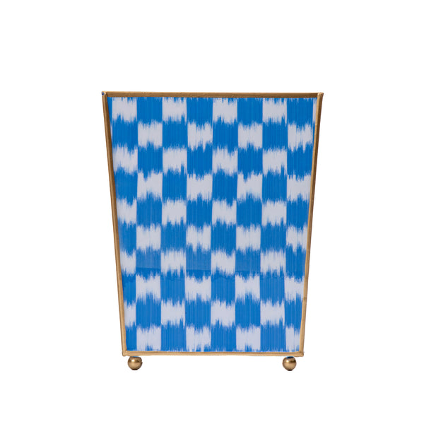 Checkered Ikat Enameled Square Wastebasket - Light Blue