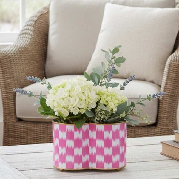 Checkered Ikat Enamel Quatrefoil Cachepot Planter 6x12 - Pink