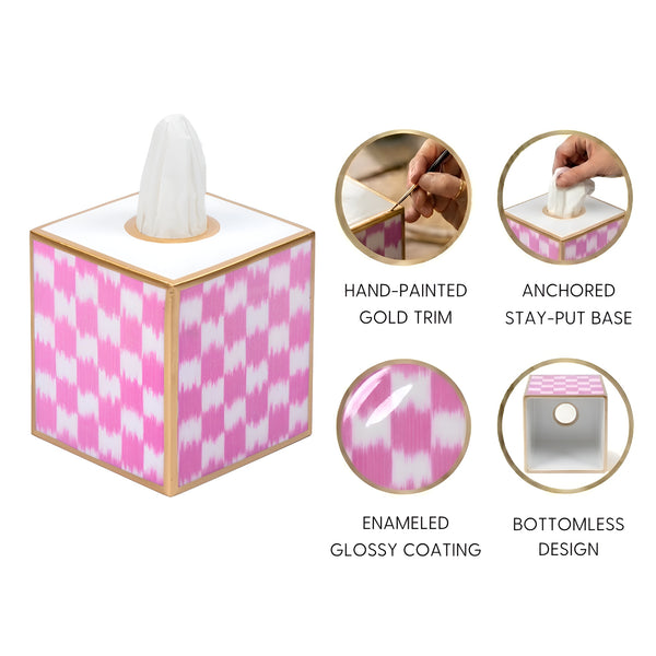 Checkered Ikat Enameled Tissue Box Cover - Pink
