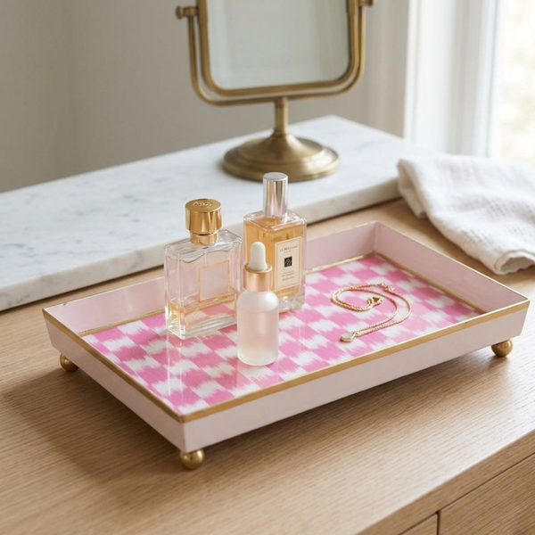 Checkered Ikat Enameled Oliver Tray 8x12 - Pink