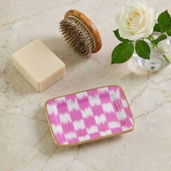 Checkered Ikat Enameled Laney Tray - Pink