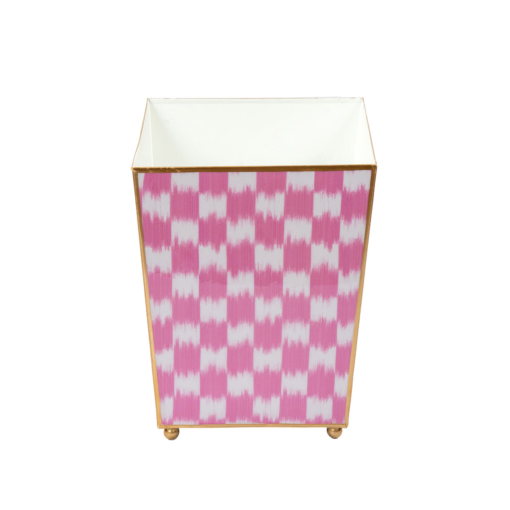 Checkered Ikat Enameled Square Wastebasket - Pink