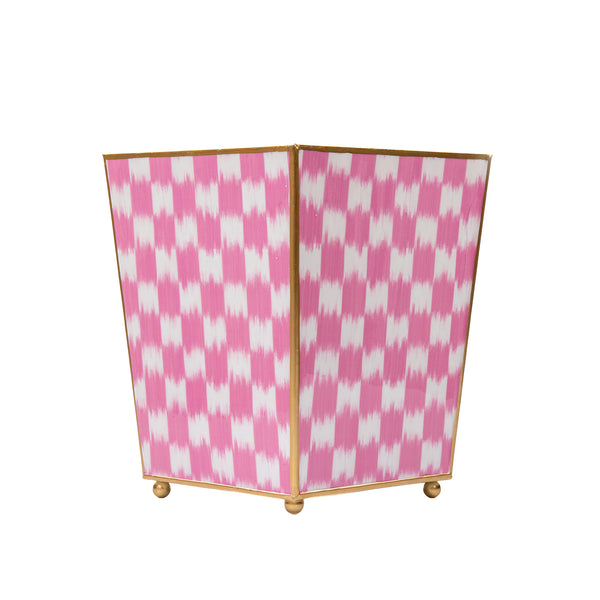 Checkered Ikat Enameled Square Wastebasket - Pink