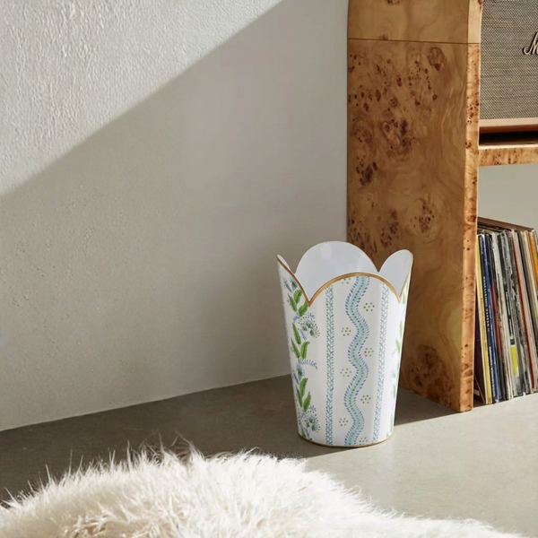 Emma Stripe Enameled Tulip Wastebasket - Blue & Green