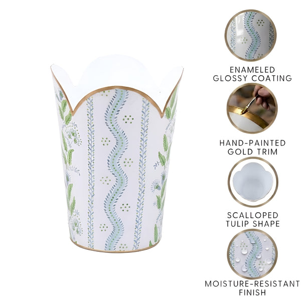 Emma Stripe Enameled Tulip Wastebasket - Blue & Green