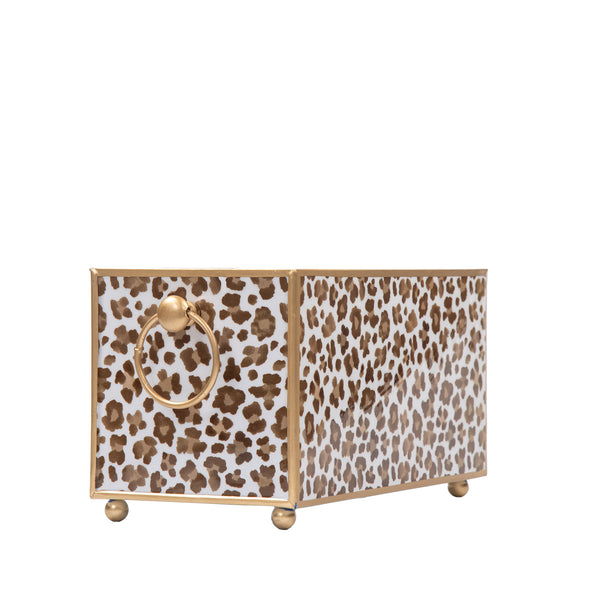 Cream Leopard Enameled Rectangular Cachepot Planter 6x12 - Cream & Brown
