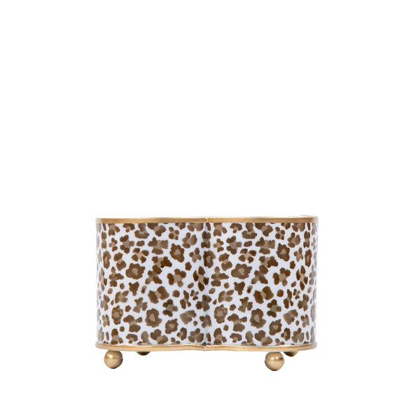 Cream Leopard Enamel Quatrefoil Cachepot Planter - Cream & Brown