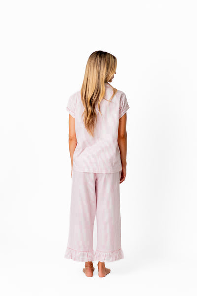 Ticking Stripe Luxe Sateen Capri Pajama Set - Light Pink