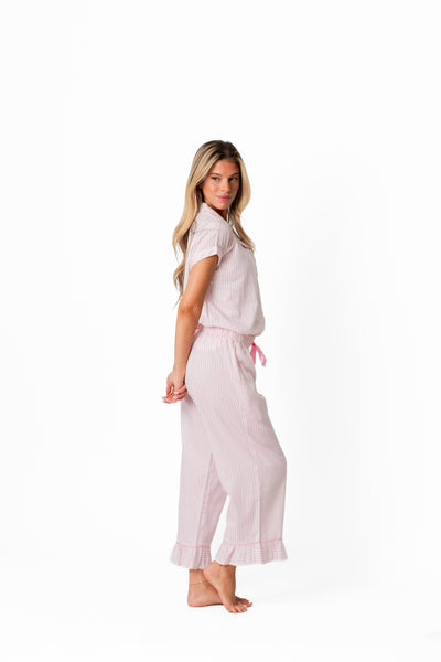 Ticking Stripe Luxe Sateen Capri Pajama Set - Light Pink