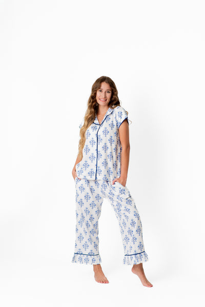Marigold Luxe Sateen Capri Pajama Set - Blue