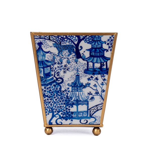 Garden Party Blue Enameled Square Cachepot