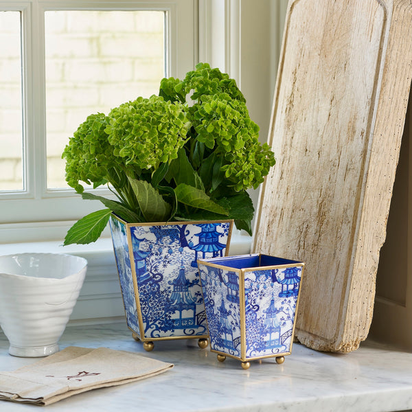 Garden Party Blue Enameled Square Cachepot