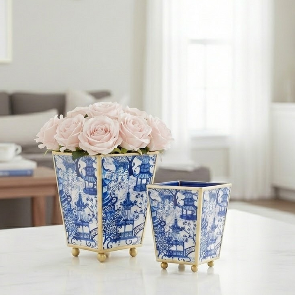 Garden Party Blue Enameled Square Cachepot