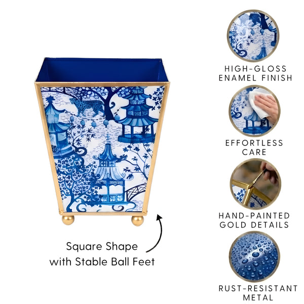 Garden Party Blue Enameled Square Cachepot