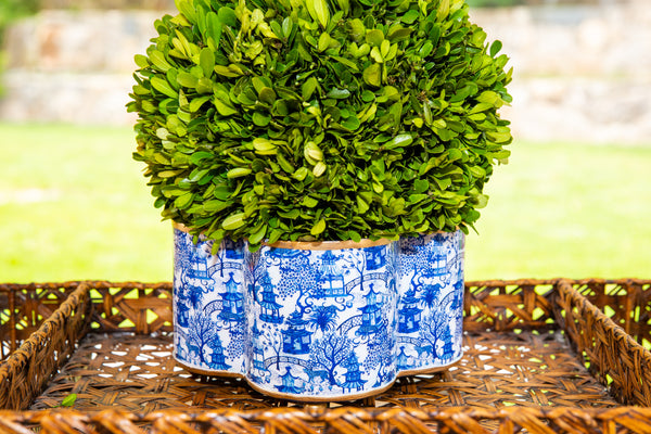 Garden Party Blue & White Enameled Quatrefoil Cachepot