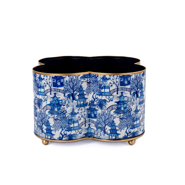 Garden Party Blue & White Enameled Quatrefoil Cachepot