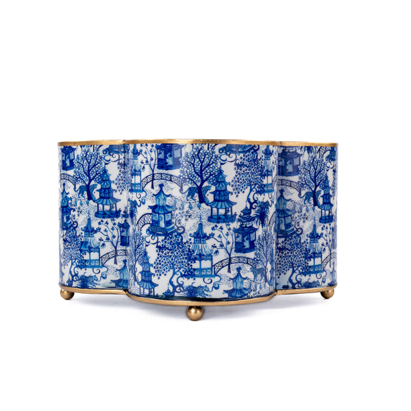 Garden Party Blue & White Enameled Quatrefoil Cachepot